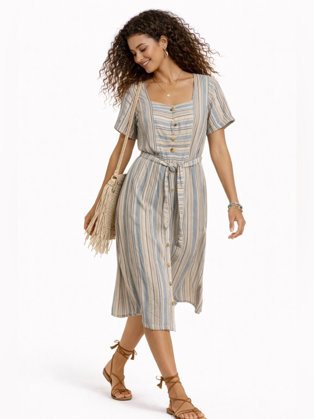 Indi & Cold Blue Beige Striped Linen Blend Midi Dress Small VV22MI330